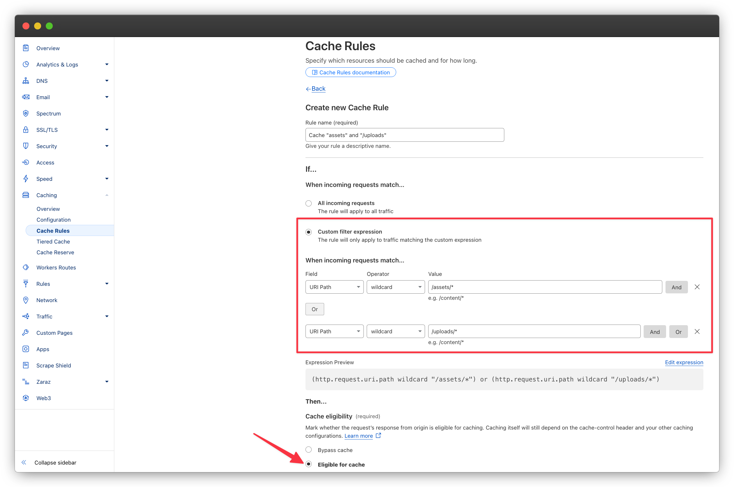 Cloudflare "Assets and Uploads" Cache Rule