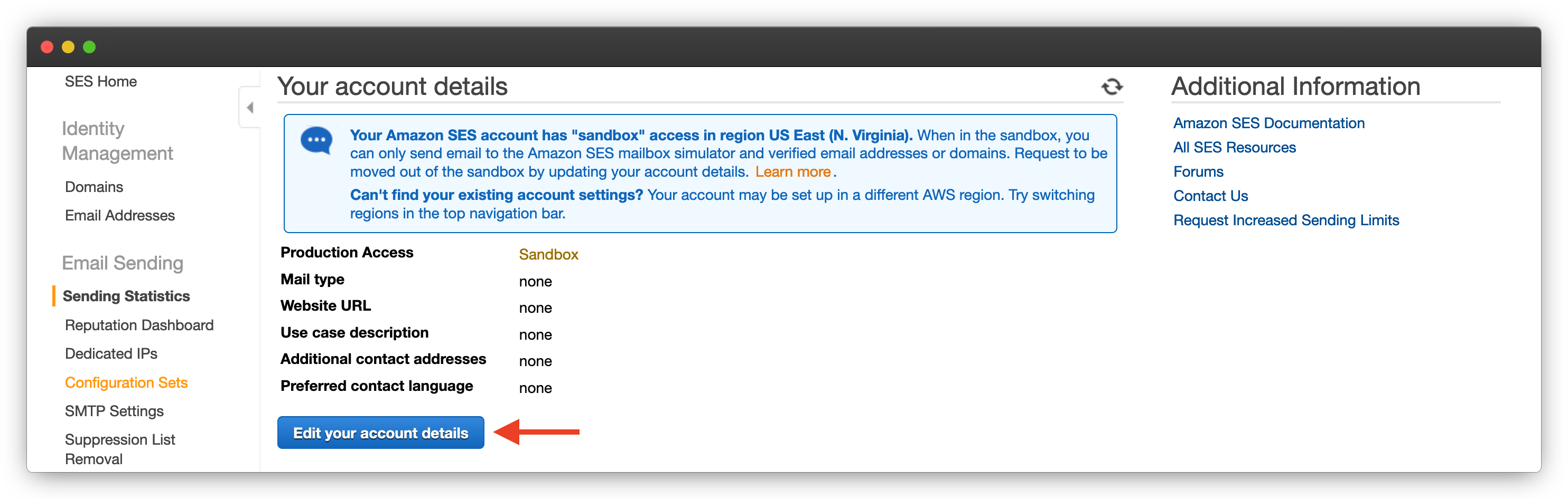 ses sending statistics page